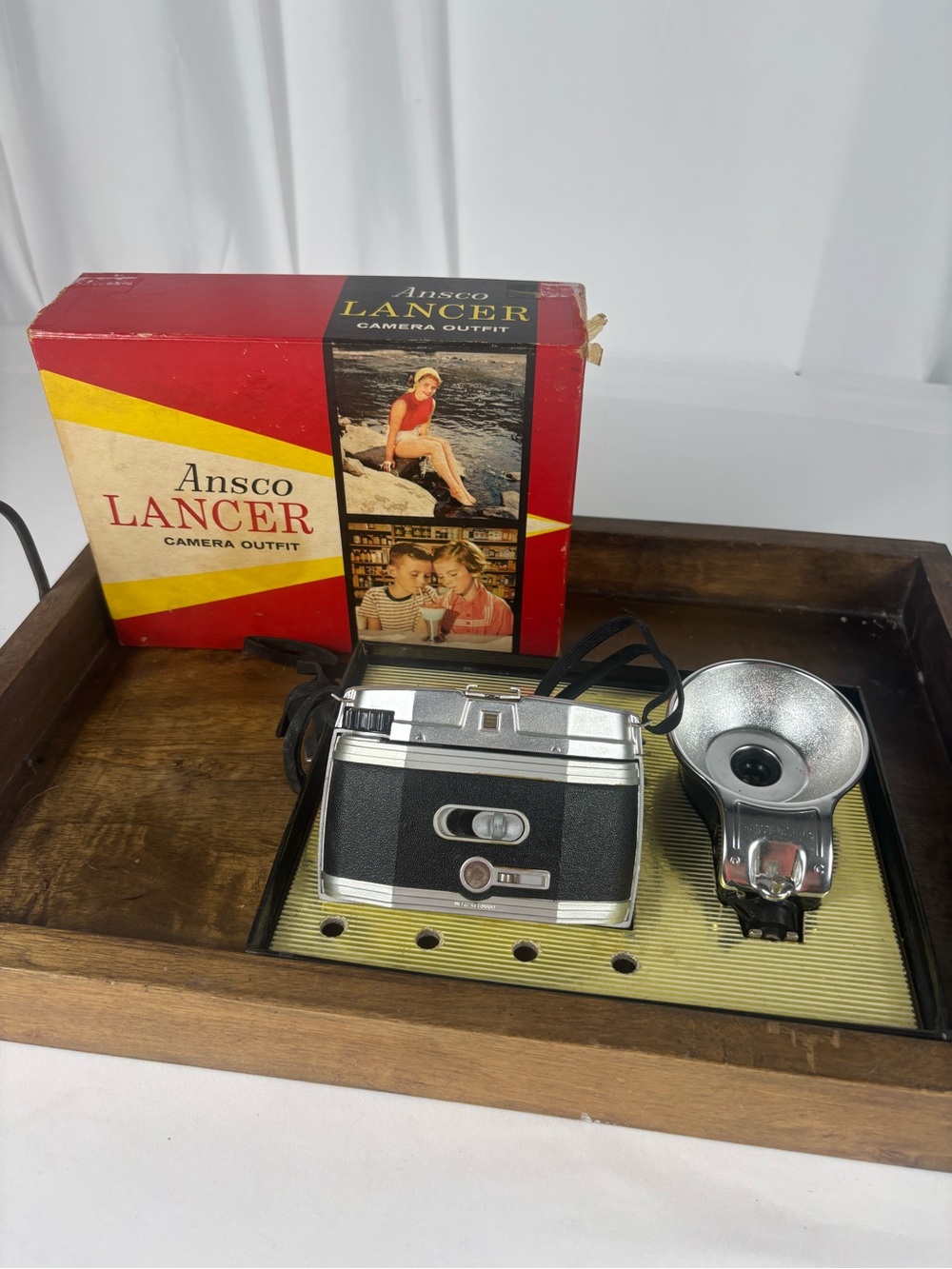 Vintage Ansco Lancer Camera Outfit w/ Flash & Original Box Untested 1950s
